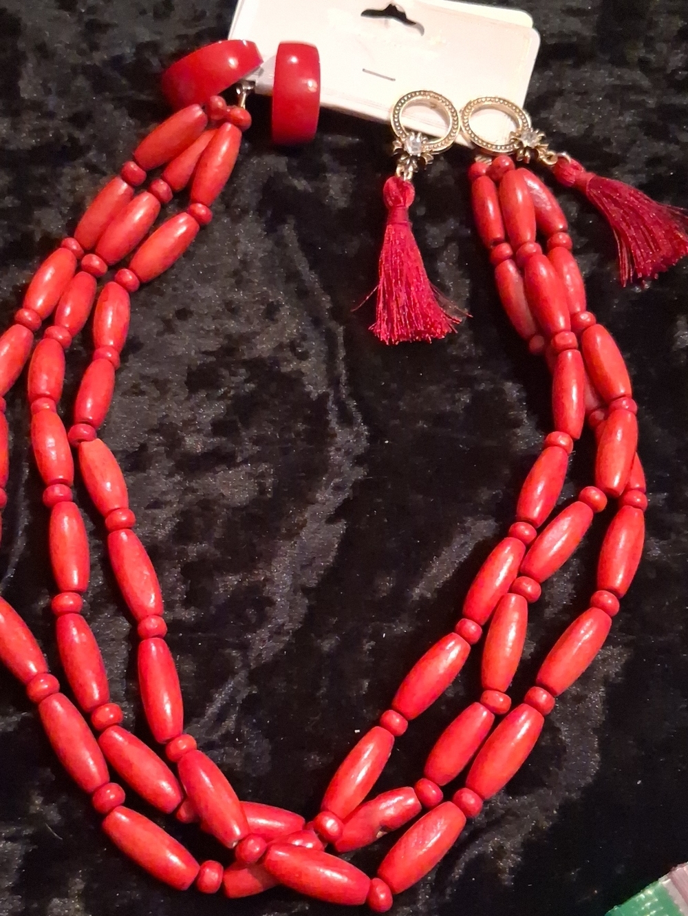 Red Multi-Strand Beaded Necklace with Tassel Earrings - Women Jewelry
